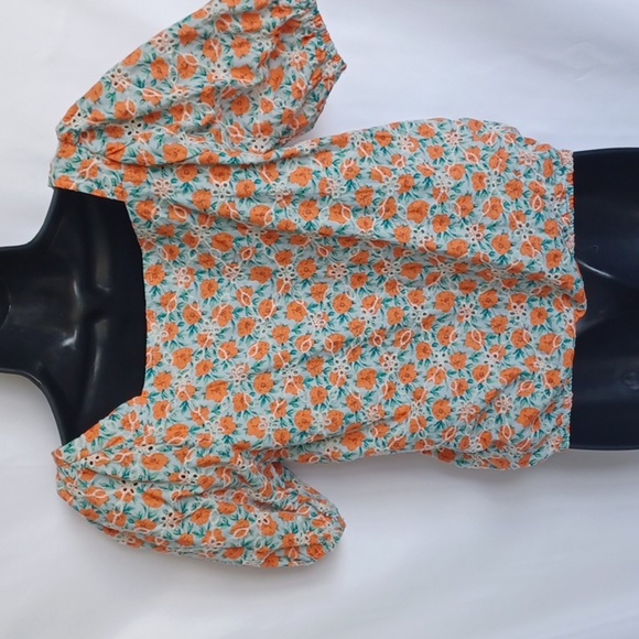 Solitaire Floral Boho Blouse M, Puff Sleeve, Elastic Waist, Embrodered, Eyelet - Picture 4 of 8
